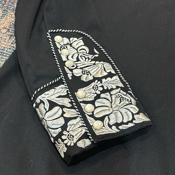 Lansky Bros Floral Embroidered Western Shirt Mens m Black Pearl Snap Rockabilly - Picture 3 of 8
